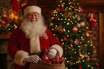 A smiling Santa Claus holding a bag of presents in front of a Christmas tree. Christmas background