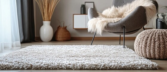 Fluffy carpet and stylish furniture on floor indoors