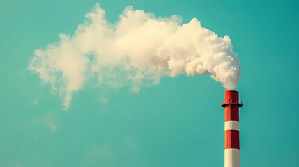 A tall industrial chimney emitting white smoke against a clear blue sky, symbolizing pollution and environmental impact.