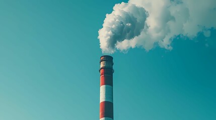 A tall industrial chimney emitting white smoke against a clear blue sky, symbolizing pollution and environmental issues.