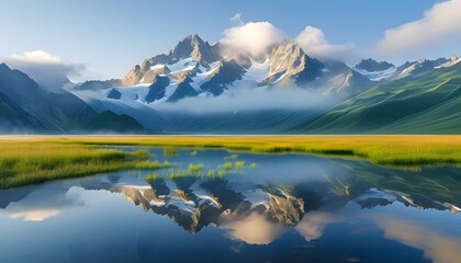 Wall Mural - The misty peaks and the vast grassland complement each other, presenting a magnificent natural landscape.