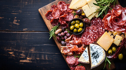 Wall Mural - Rustic charcuterie board with meats, cheeses, and olives on dark wooden table, space for wine tasting event or recipe