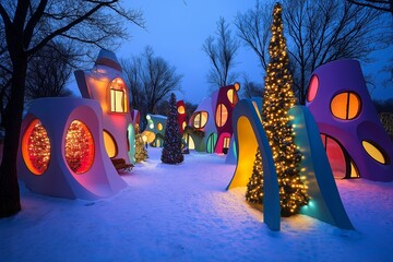 a colorful christmas village with houses and trees lit up. christmas background