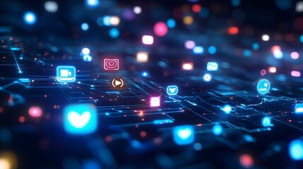 Wall Mural - 23. a digital landscape with floating icons representing various online services and data flows