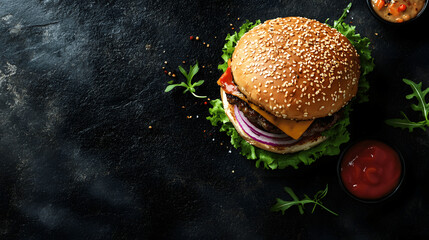 Wall Mural - Homemade burger with toppings on dark background, top view with copy space for restaurant promotion