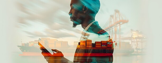 Businessman Using Tablet in Front of Shipping Containers and Cranes