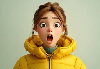 3D cartoon of an animated woman wearing a yellow hoodie, with a surprised expression 