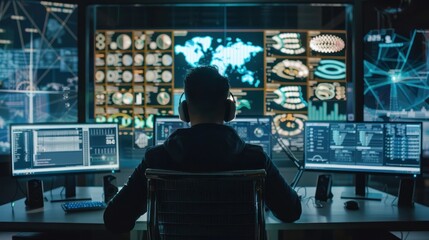 Wall Mural - Cyber security analyst monitoring network traffic on multiple screens. 