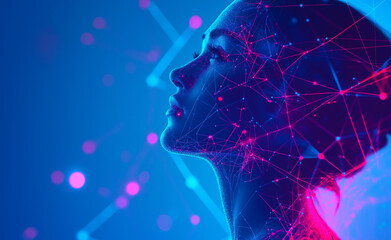 Wall Mural - Digital representation of a human profile with glowing connections and data.