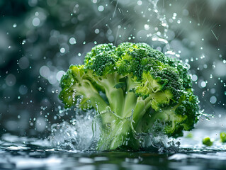 Fresh Broccoli with Splashing Water on Moody Background