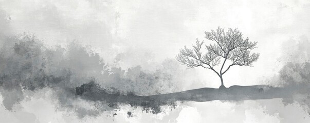 minimalist japandi art, brush strokes, white and grey shapes, small tree branch in the middle of composition