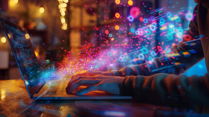 person coding on a laptop with vibrant programming code on the screen.