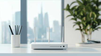 Poster - White wifi router providing internet in a bright office with city view