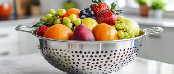 Sticker - A Stainless Steel Colander Filled with Fresh Fruit