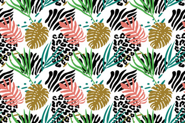 Wall Mural - seamless repeating pattern with tropical leaves and animal prints. vector illustration