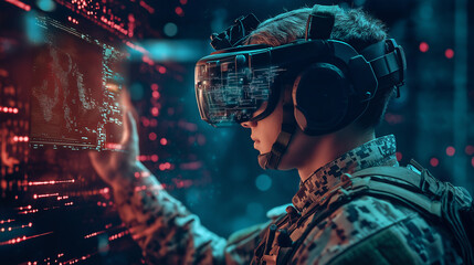 Wall Mural - A soldier using virtual reality technology with a digital interface in a futuristic military setting.