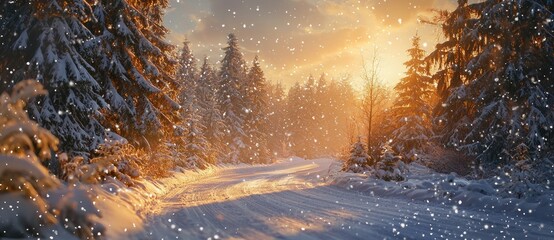 Poster - Winter panorama in a coniferous forest