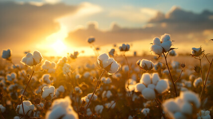 Wall Mural - Beautiful cotton field bathed in the warm glow of the setting sun, capturing the serenity and richness of agricultural life.