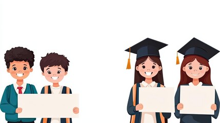 Happy students with motivational signs, ready for back to school, flat design vector illustration