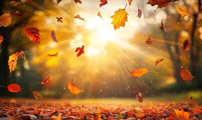 Fototapete - Falling leaves are painted on top of a beautiful autumn landscape. Colorful foliage is scattered throughout the park.