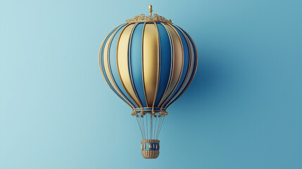 Blue and gold hot air balloon floating on sky blue background