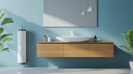 Poster - Modern minimalist bathroom with blue walls featuring plants and sunlight