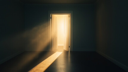Poster - Bright sunlight shining through open door into dark room