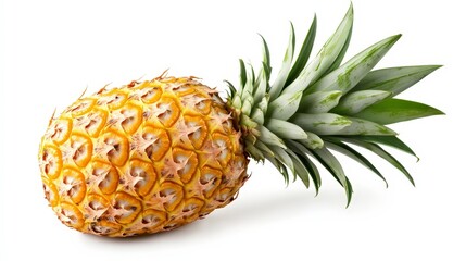 A whole, ripe pineapple with green leaves, isolated on a white background.