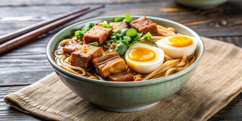 Traditional Chinese noodle bowl topped with egg, tofu, and braised pork, a popular street food dish in Asian restaurants