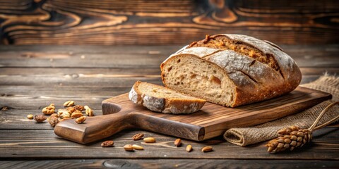 Freshly baked traditional walnut sourdough bread being cut on a rustic wooden board, bakery, French, bread, walnut