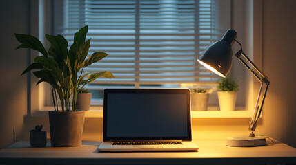 Poster - Modern desk with laptop illuminated by desk lamp at night near window