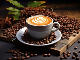 Eyecatching A top view cup of coffee with brown coffee seeds on the grey rustic desk drink coffee