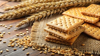 Wheat crackers with scattered grains on background, food, snack, crackers, wheat, grains, isolated,background, organic