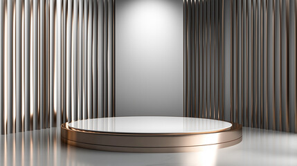 Poster - Round white and gold stage with vertical silver backdrop emphasizing copy space
