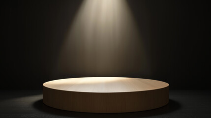 Poster - Spotlight illuminating empty round wooden stage on dark background