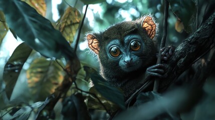 a small monkey with big eyes sitting on a tree branch, ai