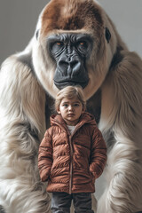 Poster - Fotoporträt eines kleinen Jungen mit einem riesigen Gorilla