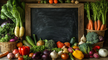 Sticker - Fresh organic vegetables displayed on a rustic wooden table are framing a blank chalkboard