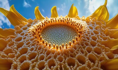 Close-up of sunflower center, intricate patterns, vibrant yellow petals