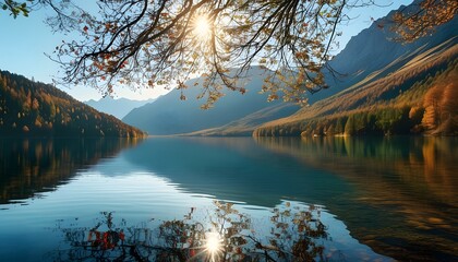 Wall Mural - Tranquil views of lakes and valleys, sunshine shining through branches, surrounded by mountains, and intoxicating autumn colors.