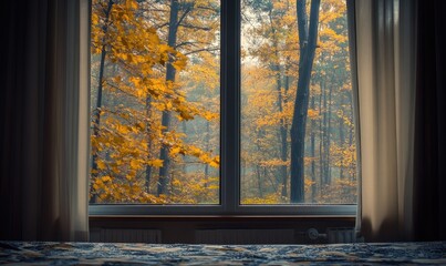 Wall Mural - Cozy living room, wide window, view of rainy autumn landscape