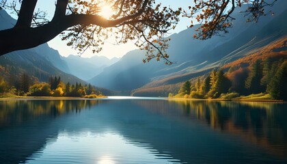 Wall Mural - Tranquil views of lakes and valleys, sunshine shining through branches, surrounded by mountains, and intoxicating autumn colors.