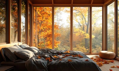 Wall Mural - Scandinavian bedroom, light wood bed, warm blankets, panoramic windows, autumn foliage in warm tones