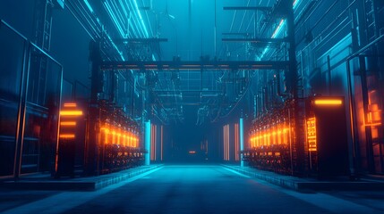 Wall Mural - 49. An electrical substation in a high-tech industrial park with glowing components