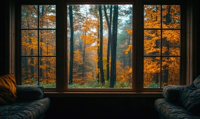 Wall Mural - Cozy space, large glass window, autumn forest, raindrops on leaves