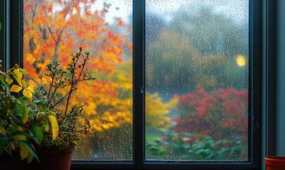 Wall Mural - Cozy space, large glass window, autumn forest, raindrops on leaves