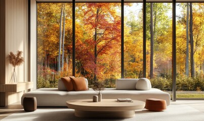 Wall Mural - Elegant living room with light wood coffee table and panoramic windows, autumn forest view