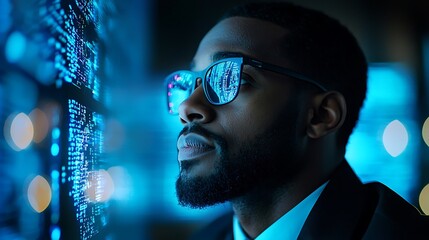 Man in glasses looking at code on a screen with blue light, focused on technical details.