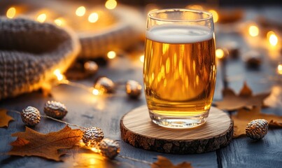 Wall Mural - Glass of light beer on wooden coaster, garland lights on background