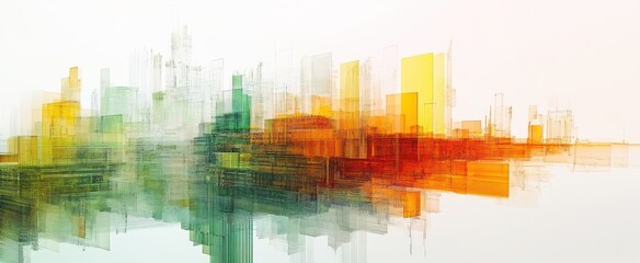 Wall Mural - Abstract Watercolor Skyline with Orange, Yellow, and Green Hues